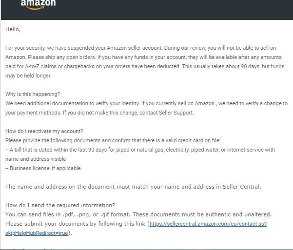Thư thông báo đình chỉ bán hàng trên Amazon